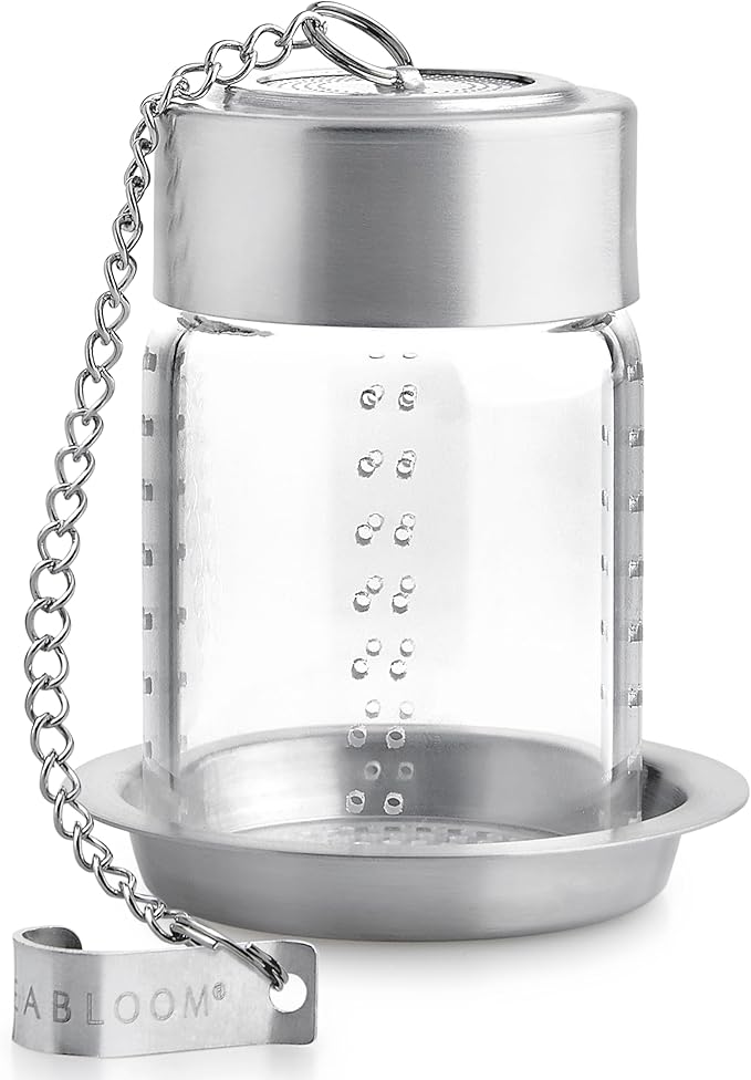 Teabloom Puresteep Glass Tea Infuser with Lid & Drip Tray – Non-Toxic Borosilicate Glass Loose Leaf Steeper with Stainless Steel Chain – Small or Large Size - Bloomnest