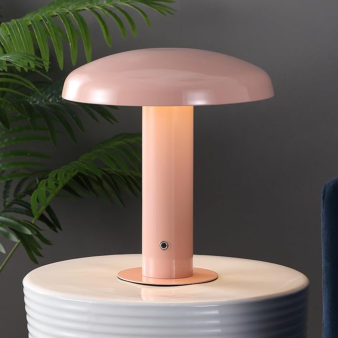 JONATHAN Y JYL7114E Suillius 11" Contemporary Bohemian Rechargeable/Cordless Iron Dimmable Integrated LED Mushroom Table Lamp, Pink, for Bar Console, Vanity - Bloomnest