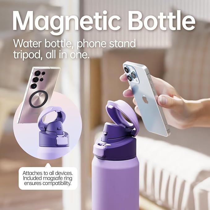 Insulated Magnetic Water Bottle - Reusable Stainless Steel Bottle with MagSafe Compatible Phone Holder - Keeps Cold for 24 Hours - Perfect for Gym, Sports, and Travel - Lavender 32oz Magcheer