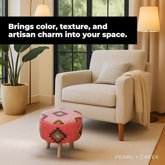Arabella Pink Kilim Pouf Ottoman – 16" Round Handwoven upholstered Foot Stool with Washable Cover – Accent Knockdown Stool for Bedroom, Living Room, cottagecore, Boho & Farmhouse Decor - Bloomnest
