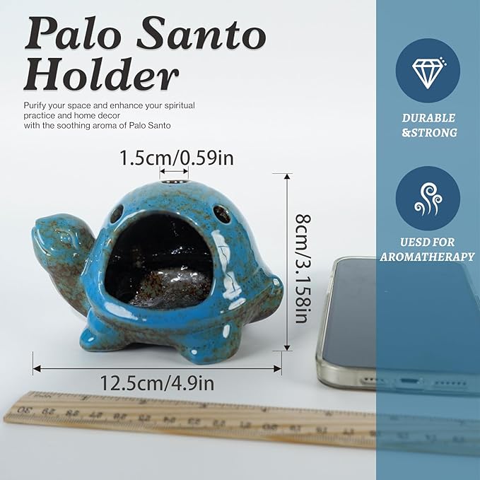 Blue Ceramic Turtle Palo Santo Burner - Mini Chiminea, Burns Palo Santo、Sage、Incense Cones, Doubles as Small Candle Holder for Energy Cleansing、Yoga、Meditation、Zen、Altar Aromatherapy MOUGIGI