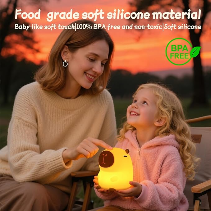 Capybara Night Light for Kids, Squishy Lamp, 1200mAh Long-Lasting Battery, Rechargeable Touch Control, Dimmable with 30-Min Timer, Capybara Gifts for Nursery Halloween Bedroom Decor - Bloomnest