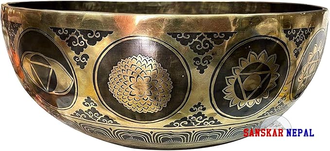 Large Singing Bowl - 19 Inches in Diameter - Buddha's Feet Etched by Artisans from Nepal - For Healing, Sound Bath, Yoga, Relaxation, and Meditation Gold