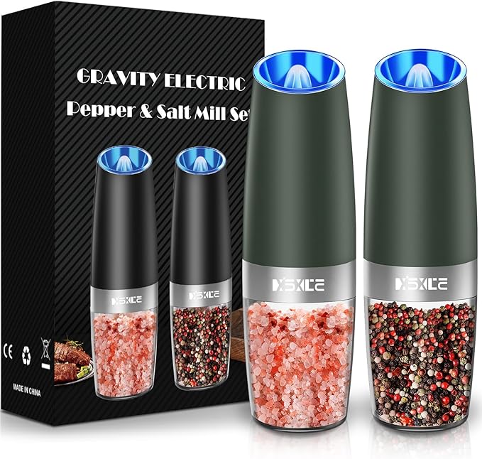 XinXu Gravity Electric Pepper and Salt Grinder Set, Adjustable Coarseness, Battery Powered with LED Light, One Hand Automatic Operation, Dark Green - 2 Pack - Bloomnest