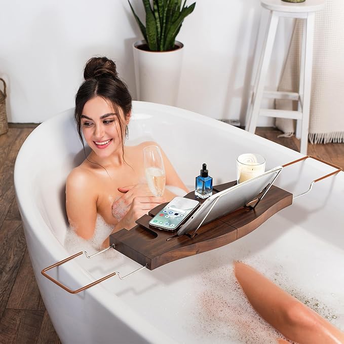 Teak Bathtub Tray Expandable Bathroom Tray for Home Spa Relaxation, Wooden Tray Caddy for Bathtub, Teak Bathtub Caddy as Unique Housewarming, Birthday, Wedding Shower Gifts. Dark Walnut - Bloomnest
