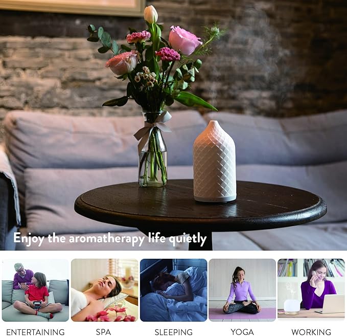Essential Oil Diffuser for Home, Ceramic Aromatherapy Diffuser for Essential Oils, 120ml Oil Diffuser with Waterless Auto-Off and 7 LED Lights for Large Room Yoga Spa (White) - Bloomnest