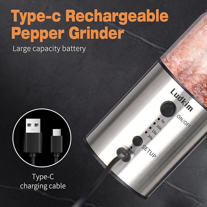 Stainless Steel Electric Pepper Grinder with Massive 240ML See-Through Hopper - USB-C Rechargeable, Adjustable 5-20s Timer, Powerful Ceramic Grinder for Salt, Peppercorns & Dry Spices (2025 Upgraded) - Bloomnest