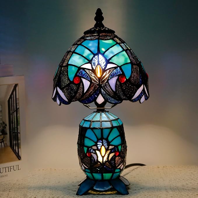 Small Tiffany Lamp Stained Glass Table Lamp Mini Mother Daughter Vase Desk Accent Light for Bedroom Bedside Reading Home Antique Style Decor 8X14 Inches (Green) - Bloomnest