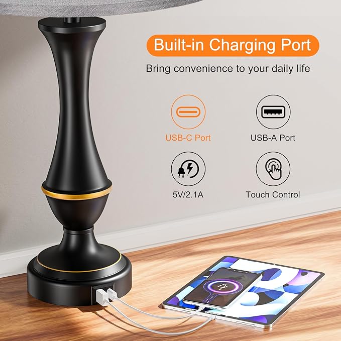 Seealle Upgraded Touch Lamps for Bedrooms Set of 2 - Nightstand Table Lamp with USB C+A, 3 Way Dimmable Lamps for Living Room(Grey) - Bloomnest