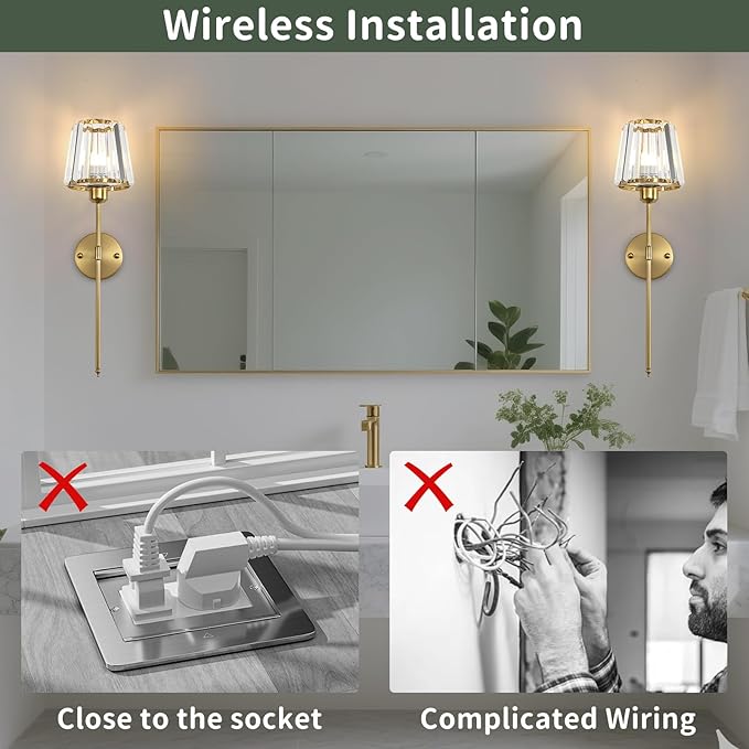 Battery Operated Crystal Wall Sconce Set of 2, Brushed Gold Wireless Wall Light with Remote Control, LED Dimmable 15 Colors USB Rechargeable Light Bulbs Wall Lamp for Bedroom Living Room Hallway - Bloomnest