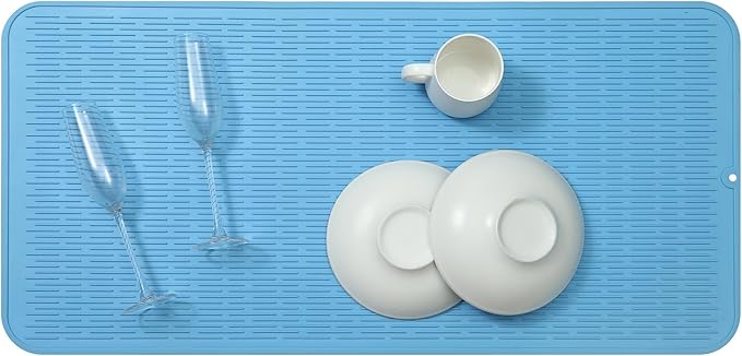 Silicone Dish Drying Mat for Multiple Usage,Easy clean,Eco-friendly,Heat-resistant Silicone Mat for Kitchen Counter or Sink,Refrigerator or Drawer Liner Light Blue 5XL 36inches x 18inches - Bloomnest