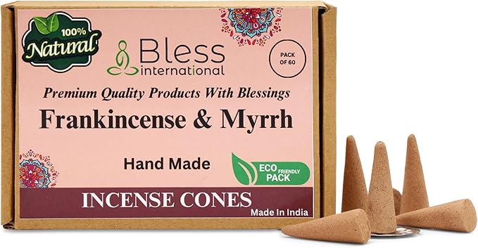 Bless International Frankincense-and-Myrrh 100%-Natural-Incense-Cones Handmade-Hand-Dipped Organic-Chemicals-Free for-Purification-Relaxation-Positivity-Yoga-Meditation The-Best-scents (60 Count)
