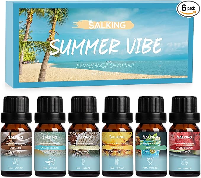 SALKING Summer Fragrance Oils Set, Premium Essential Oils Gift Set for Diffuser, Scented Oil for Soap & Candle Making - Ocean Breeze, Mojito, Coconut, Pineapple, Watermelon, Vanilla Ice Cream - Bloomnest
