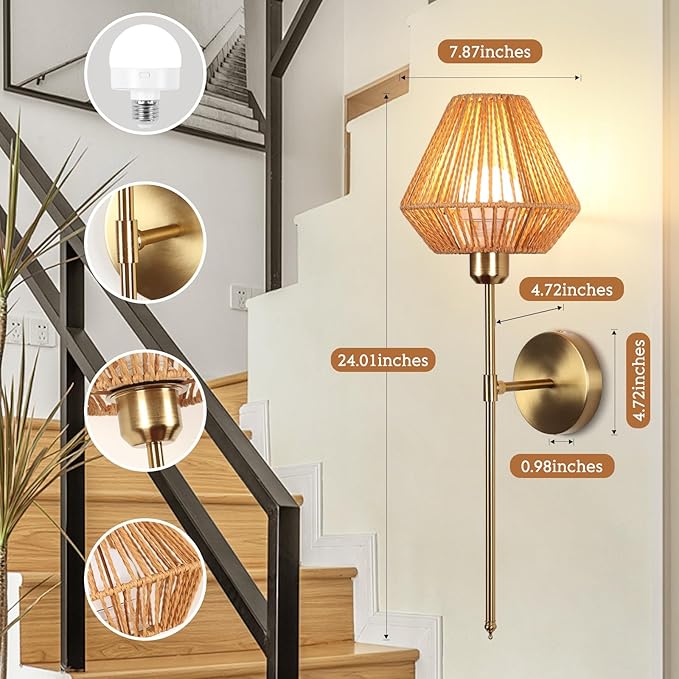 Battery Operated Wall Sconce Set of 2, Rattan Rechargeable Wall Light Dimmable with Remote Control, 15 Color Changing and Timer, Boho Wireless Battery Operated Wall lamps for Bedroom, living room - Bloomnest