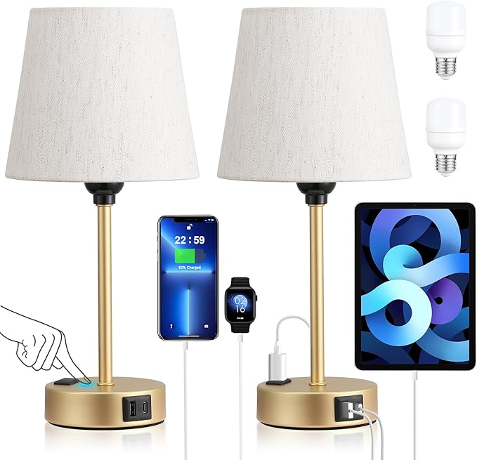 Acaxin Lamp for bedrooms Set of 2 - Nightstand Bedroom Lamp with USB C Port and AC Outlet Charging, 3 Way Dimmable Touch Control Bed Side Table Lamp, Small Night Stand Light for Kids/Guest Room - Bloomnest