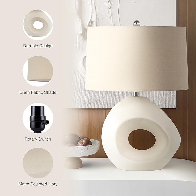 Abani Table Lamp Iris Sculptural 23” – Modern Organic Cream Ceramic Open-Circle Base with Grey Linen Shade – E26 Bulb Included – Stylish Desk Lamp for Bedroom, Living Room Lamp, Dorm or Nightstand - Bloomnest
