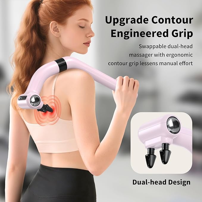 Dual-Head Massage Gun Deep Tissue with Extension Handle, 3-in-1 Detachable Handheld Percussion Back Massager for Muscle Neck Shoulder Body Pain Relief - 6 Speeds Levels (Glossy Pink) - Bloomnest