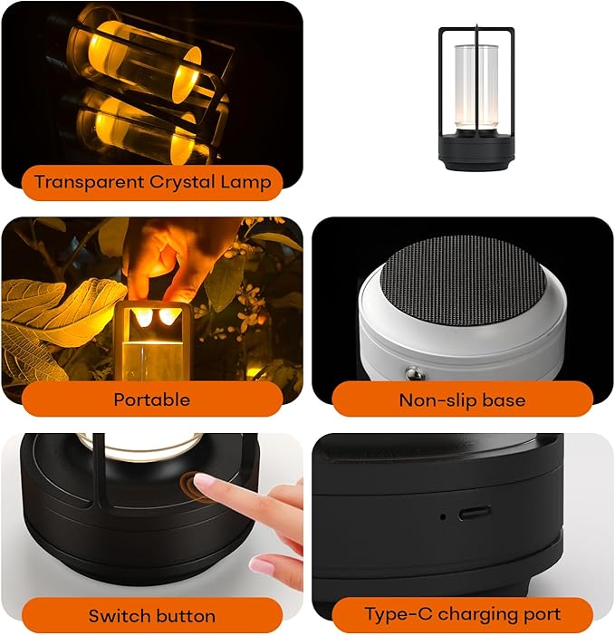 Portable Metal Table Lamp for Indoor/Outdoor ,Rechargeable Cordless LED Lamp, 3-Colour Infinitely Dimming Battery Powered Small Desk Lamp, Restaurant/Bedroom/Bar/Coffee/Camping Light (Black Set of 2) - Bloomnest