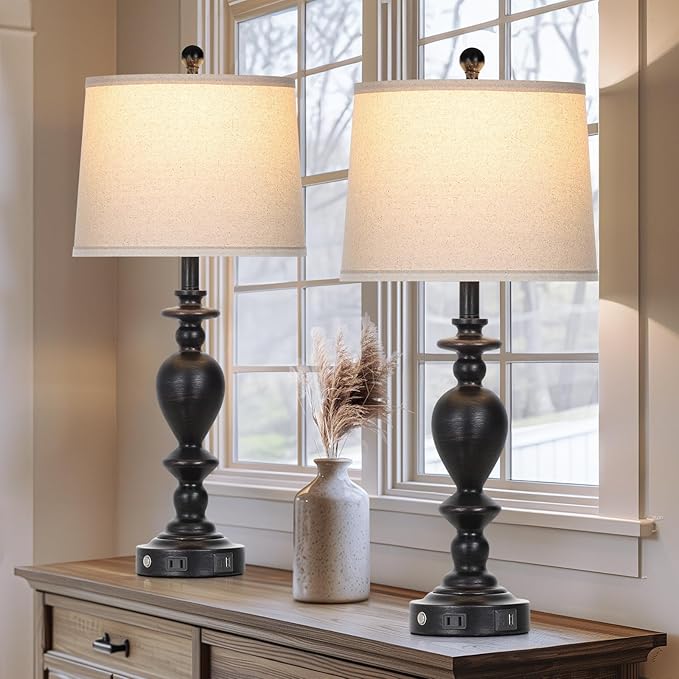 28" Black Farmhouse Table Lamps Set of 2 with USB C+A Ports & AC Outlet for Vintage Living Room Rustic Bedroom,3-Way Dimmable Touch Lamp Retro Resin Bedside Lamps for Nightstand Side Table - Bloomnest