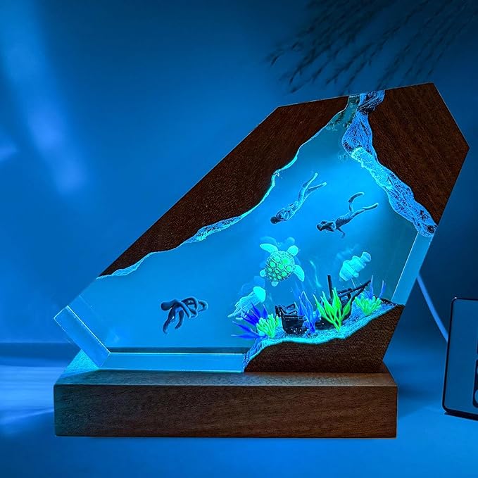 Octopus Ocean Resin Lamp, Handmade Wooden Table Resin Night Light, USB Port Art Ornaments for Home Office Decor, Scuba Diver Gifts for Birthday Holiday, Valentine's Day Gifts for Husband - Bloomnest
