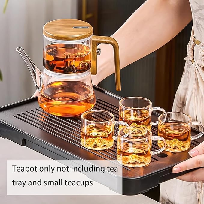Semi-Automatic Glass Teapot with Wooden Handle, Heat Resistant Magical Teapot, Magnetic Water Separation Kungfu TeaPot, High Borosilicate Glass Tea Set Coffee Set, Clear Magic Pot for Holiday Gifts