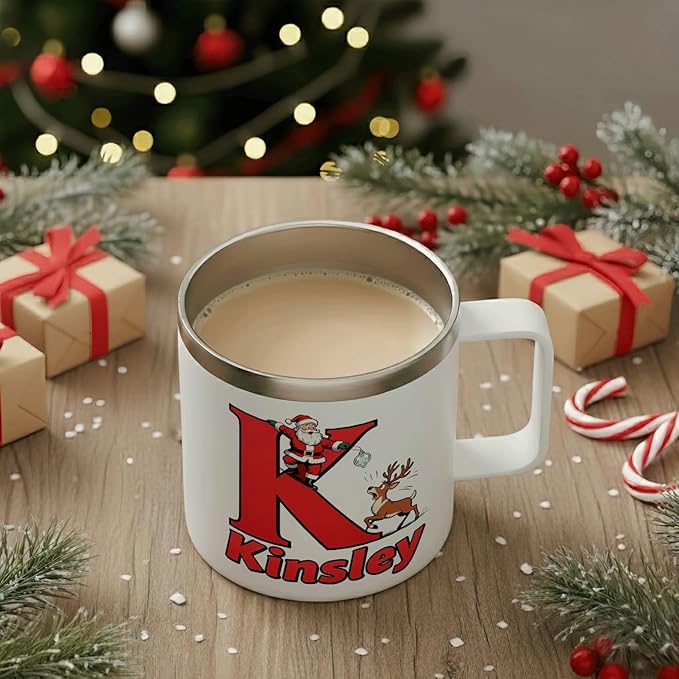 Personalized Christmas Mug with Name Initial - Custom Santa Reindeer 12oz Insulated Stainless Steel Coffee Cup Tumbler with Handle & Lid - Fun Holiday Xmas Gifts for Kids, Women, Men, Family (B150) - Bloomnest