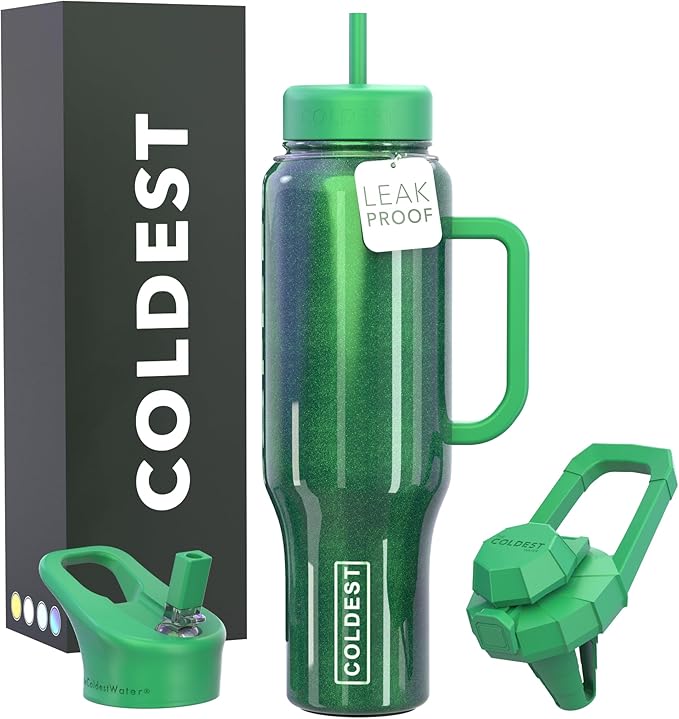 Coldest Tumbler with Handle and Straw, 100% Leak Proof Insulated Tumbler with Lid and Straw (3 Lids), Stainless Steel Tumblers for Women & Men, Cup Holder Friendly, 46 oz (Enchanted Green) - Bloomnest