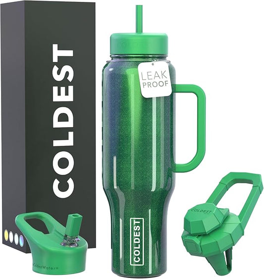 Coldest Tumbler with Handle and Straw, 100% Leak Proof Insulated Tumbler with Lid and Straw (3 Lids), Stainless Steel Tumblers for Women & Men, Cup Holder Friendly, 46 oz (Enchanted Green) - Bloomnest