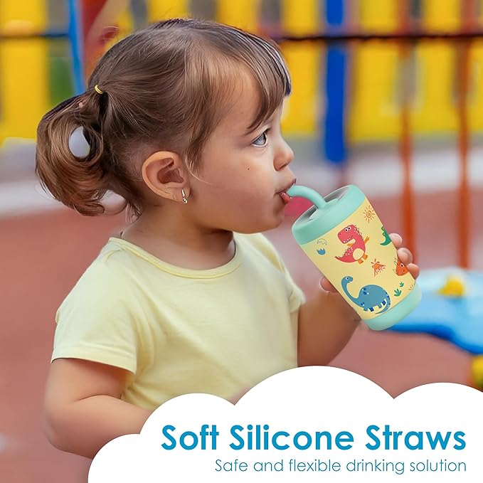 Kid Insulated Stainless Steel Tumbler with Silicone Straw, 12oz Sippy Cup for Kids (Playful Dinosaurs) - Bloomnest