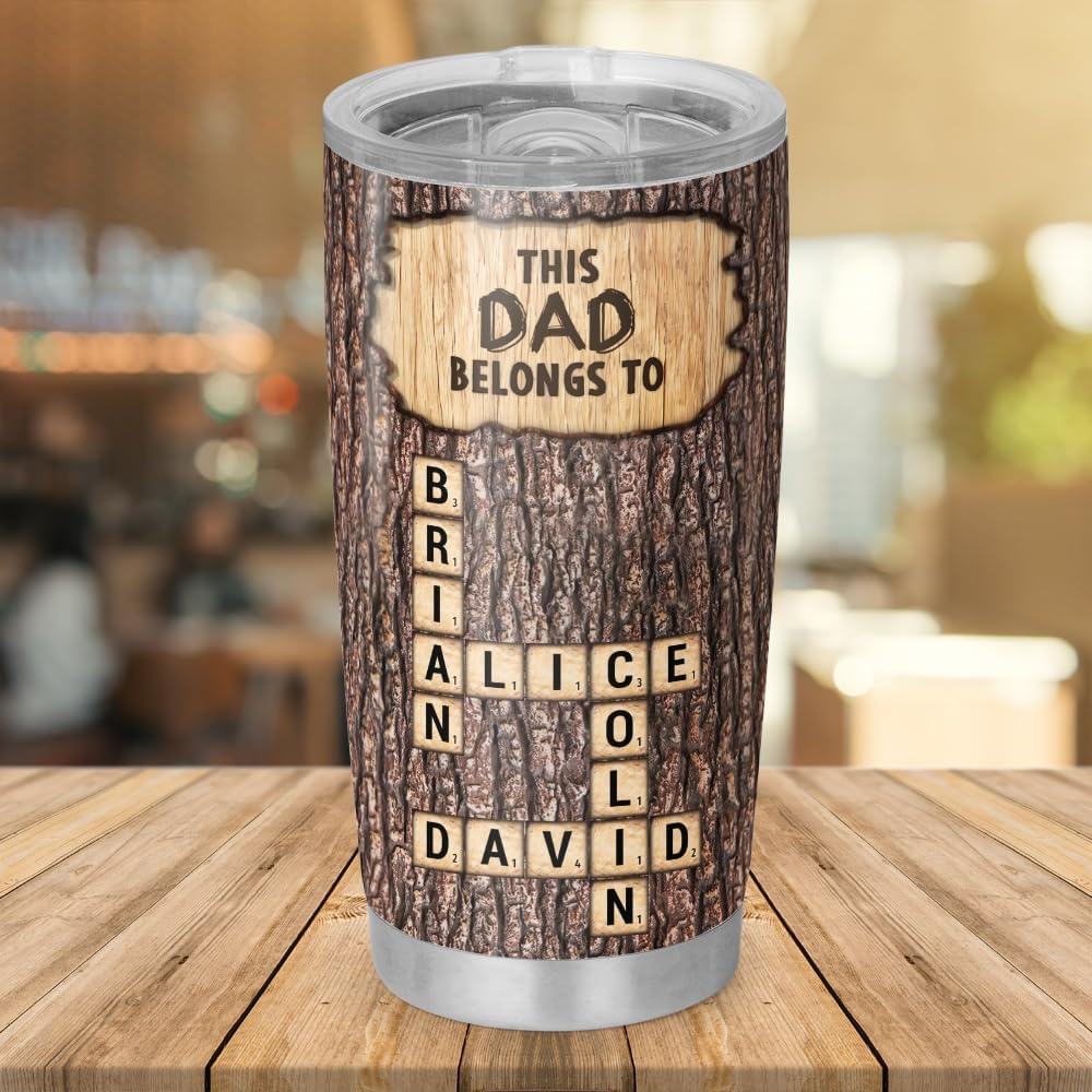 Personalized Crossword Tumbler for Dad, Custom 20oz & 30oz Stainless Steel Insulated Mug with Kids’ Names, Rustic Wood Design, Unique Father’s Day Gift for Dad, Husband or Grandpa