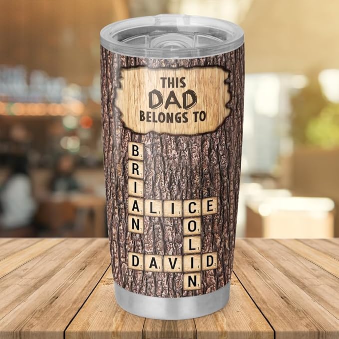 Personalized Crossword Tumbler for Dad, Custom 20oz & 30oz Stainless Steel Insulated Mug with Kids’ Names, Rustic Wood Design, Unique Father’s Day Gift for Dad, Husband or Grandpa - Bloomnest