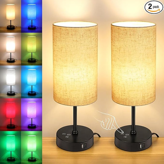 Unicozin Table Lamp Set of 2, 3 CCT 3000K/4500K/6500K & RGB Color Changing, Stepless Dimmable Small Bedside Lamp for Reading, Ambience Nightstand Light for Home Decor Party, Beige Shade - Bloomnest