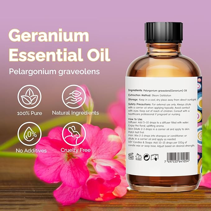 Geranium Essential Oil 4 Oz, 100% Pure Geranium Oil for Diffuser, Skin, Hair, Face, Soap & Candle Making, Aromatherapy & Massage - Bloomnest