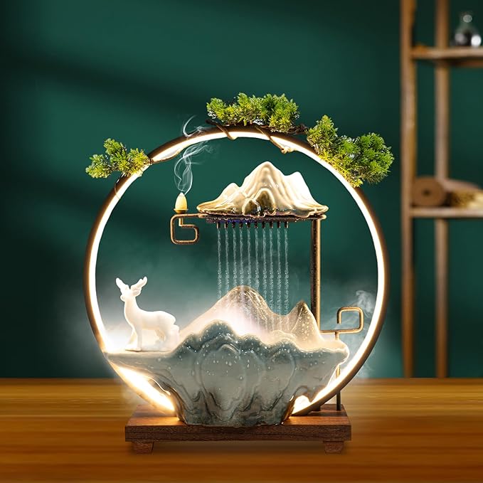 Ceramic Water Fountains Indoor Waterfall Relaxation Desktop Fountain Zen Meditation Rockery Tabletop Fountain Waterfall Feng Shui Water Fountain with Lights for Good Luck - Bloomnest