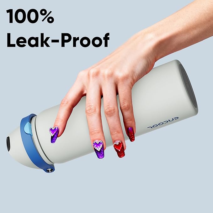 Insulated Water Bottle with Straw - Encool Stainless Steel Water Bottle with Push Button Lid, Leak-Proof & BPA-Free, Keeps Cold for 24 Hours for Sports, Travel, Gym (32 oz, Quill Grey-Blue) ENCOOL