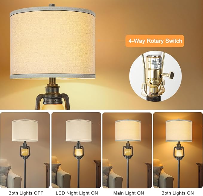 Floor Lamp for Living Room Vintage Standing Lamp with Linen Fabric Hardback Shade Industrial Tall Lamp With Night Light Decor for Living Room, Bedroom,Study, Home Office (Bulb Included) - Bloomnest