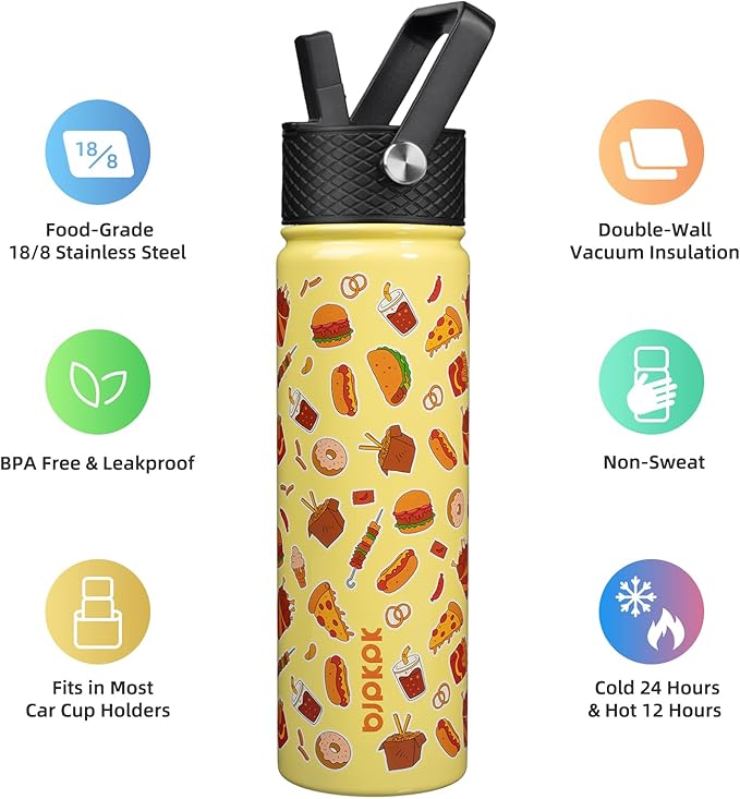 BJPKPK Insulated Water Bottle with Straw Lid, 22 oz Stainless Steel Metal Water Bottles, Reusable Leak Proof BPA Free Water Bottles, Cups, Thermo, Yummy - Bloomnest