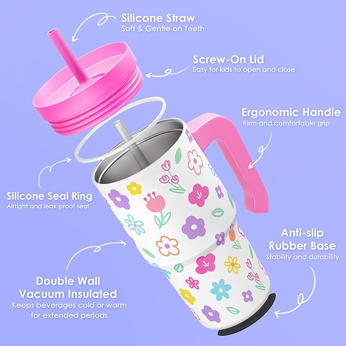 Floral Tumbler 20oz with Handle and Silicone Straw Lid for Kid, Insulated Stainless Steel Cup, Gift for Kids Girls, Gifts Idea for Birthday Christmas Back to School - Bloomnest