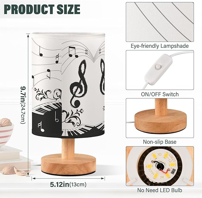 Table Lamp Music Note Piano Keyboard with Floral Branch Pattern Musical Symbol Nightstand Lamp with Wood Base Fabric Lamp Shade Bedside Desk Lamp for Living Room Bedroom Kids Room Office - Bloomnest
