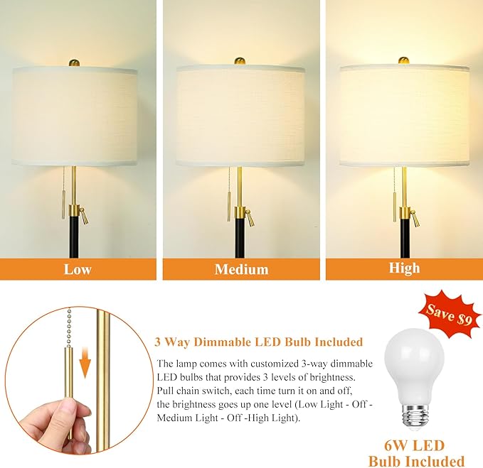 Floor Lamp for Living Room Adjustable Tall Standing Lamp, 3-Way Dimmable Floor Lamp for Bedroom Office, Black Gold Lamp with Marble Base and White Linen Shade - Bloomnest