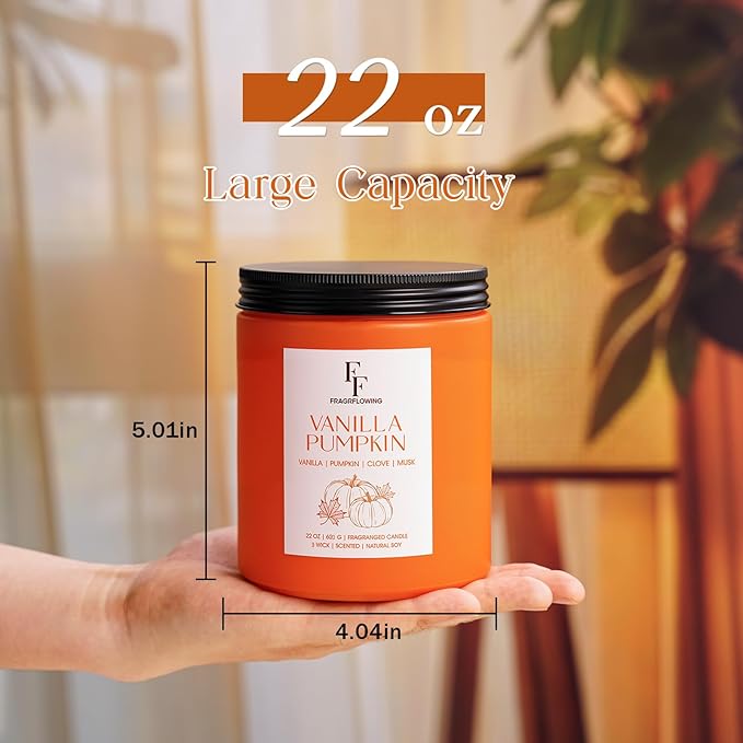 Large Fall Candle Vanilla Pumpkin Scented, 3-Wick 22oz Long Lasting Scented Candle, Natural Soy Wax Aromatherapy Candle for Home, Autumn Candle Gifts for Women Men - Bloomnest