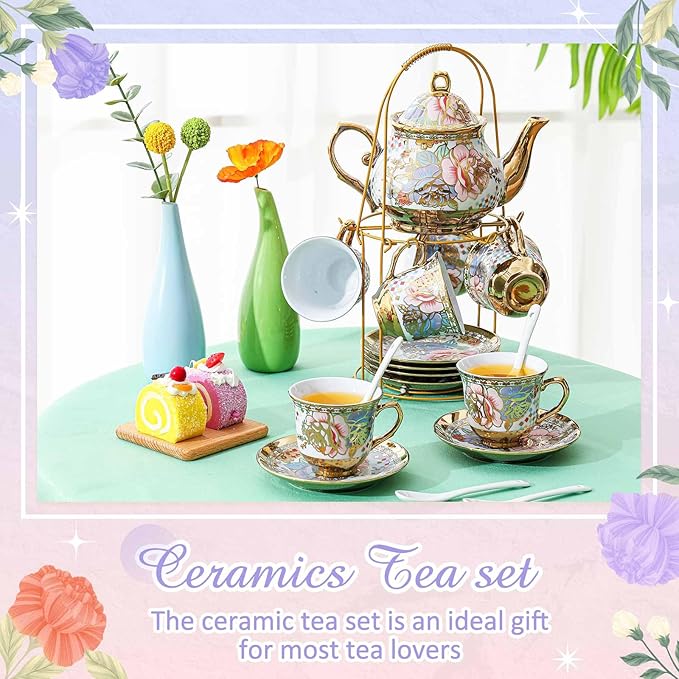 Zhehao 20 Pcs Porcelain Tea Set with Metal Holder and Spoon Adult Ceramic Tea Set European Flower Painting Teapot Cup Saucer Spoon for Women, Large Version(Rustic Style) - Bloomnest