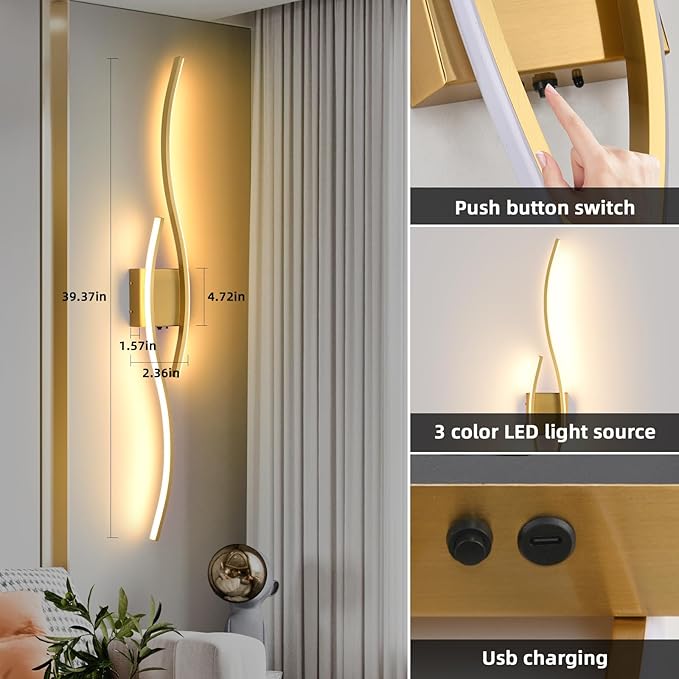 Battery Powered Wall Sconces Set of 2, Gold 39" LED Dimmable Wall Sconce with Remote Control/Timer/Memory, USB Rechargeable Wall Lights for Living Room, Bedroom, Hallway Wireless scones Lighting - Bloomnest