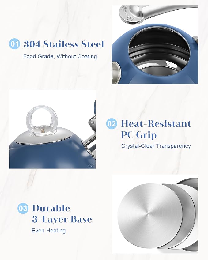 Harriet Tea Kettle Stovetop, 2.5 Quart Whistling Stainless Steel Tea Pot, 3-Layer Base, Unique Ergonomic Handle, Includes Pot Holder & Mat, Electric/Induction/Gas Stovetops Applicable, Blue