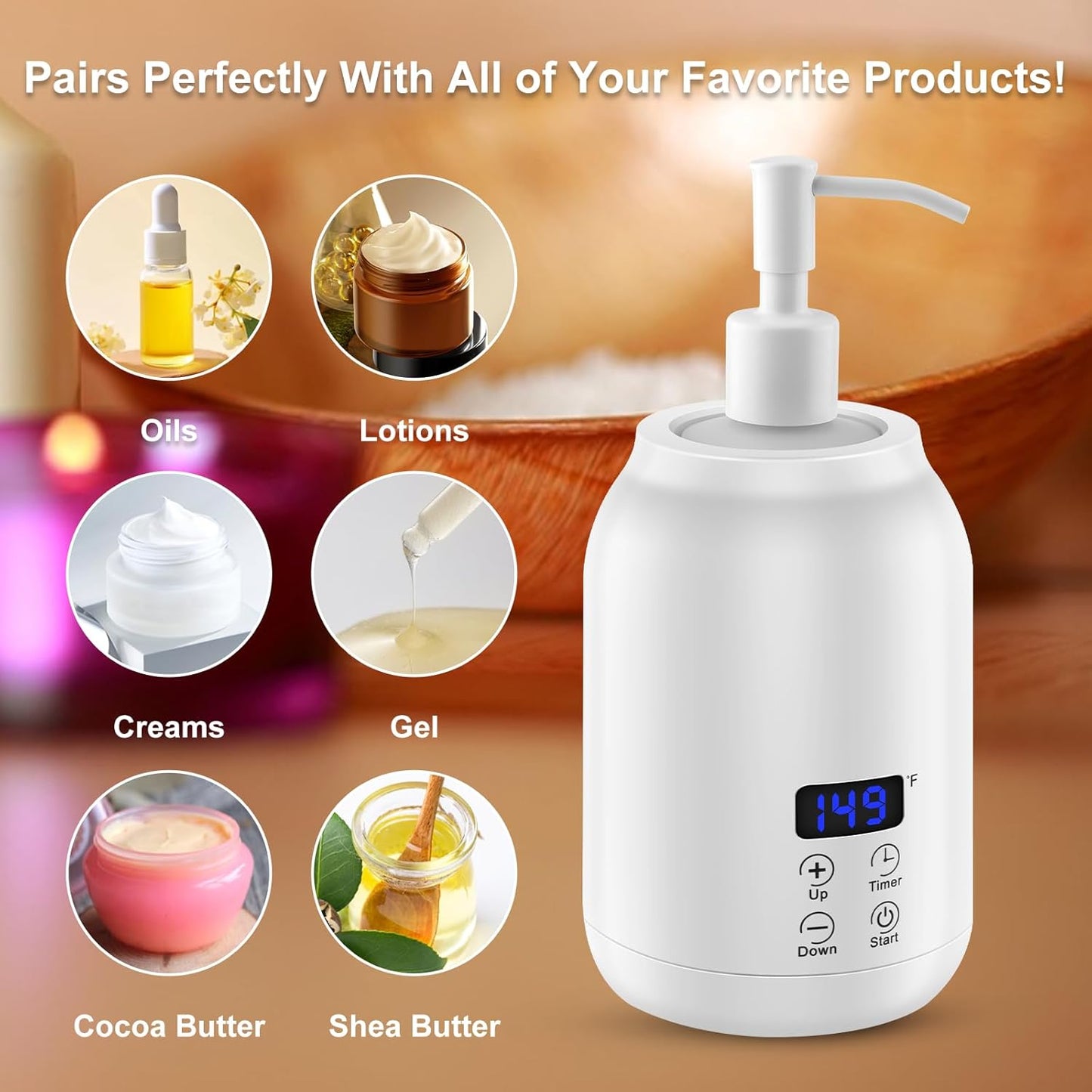 Massage Oil Heater Warmer,with ℃/℉ Switchable Display, Two Oil Dispenser Bottle，Constant Temperature,Body Oils Heater for Spa, Salon and Barber Shops,White