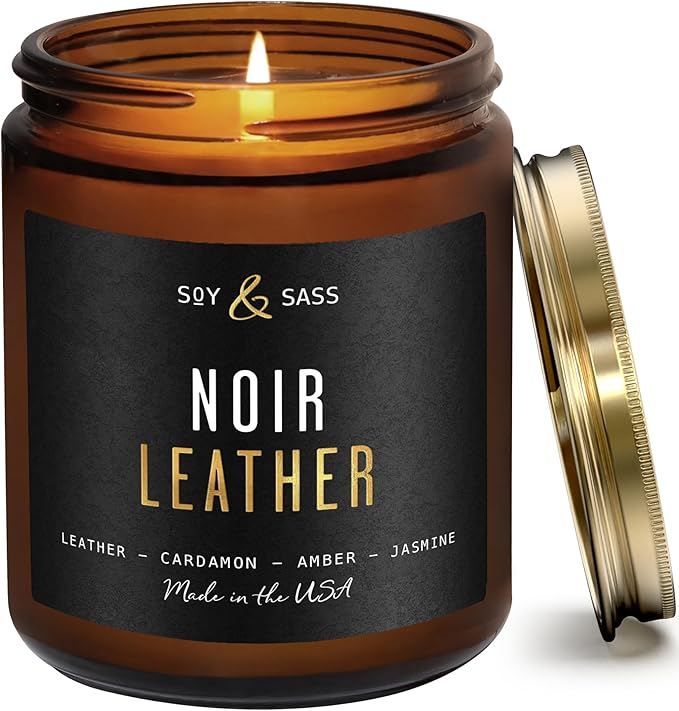 Noir Leather Candle I Scented Black Candles for Men or Women - Leather, Cardamon & Jasmine Soy Wax Mens Candle - Essential Oil Infused I Gifts for Men I Long 50Hr Burn, 9oz I Made in USA - Bloomnest