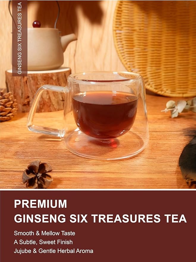 TeeLux Ginseng Six Treasures Tea, Traditional Chinese Herbal Tea Blend with Ginseng, Mulberry, Goji Berry, Yam, 30 Biodegradable Pyramid Bags, Caffeine-Free - Bloomnest