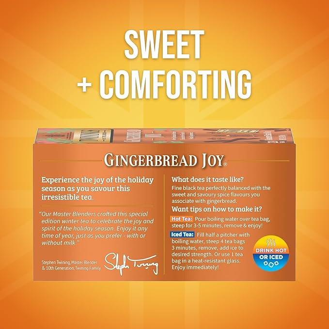 Twinings Gingerbread Joy Black Tea Individually Wrapped Bags, 20 Count (Pack of 1), Ginger & Cinnamon, Caffeinated, Enjoy Hot or Iced, 20 Teabags - Bloomnest