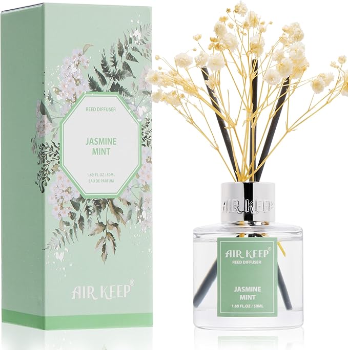 Airkeep Reed Diffuser Set,1.69 fl oz (50 ml) - Jasmine Mint Oil Diffusers with 8 Reed Sticks,Home Fragrance Reed Diffuser for Bathroom Shelf Decor - Bloomnest