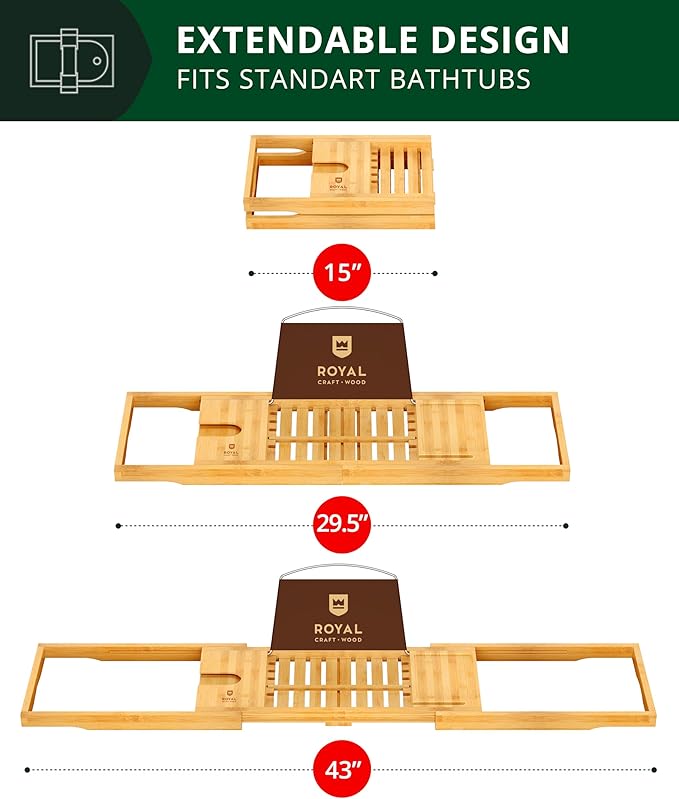 ROYAL CRAFT WOOD Premium Foldable Bathtub Tray Caddy - Wood Bath Tray for Tub, Bamboo Shelf, Expandable Bath Table Trays, Bathtub & Bathroom Accessories for New Home & Mothers, Birthday Gifts for Mom - Bloomnest